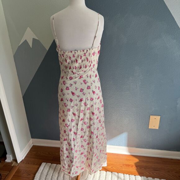 Zara Linen Floral Bustier Eyelet Smocked Midi Dress Size Large - Picture 9 of 12